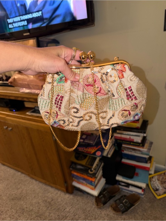 Haute Hippie Handbags - Haute Hippie Cream Beaded Clutch with crossbody chain strap option
